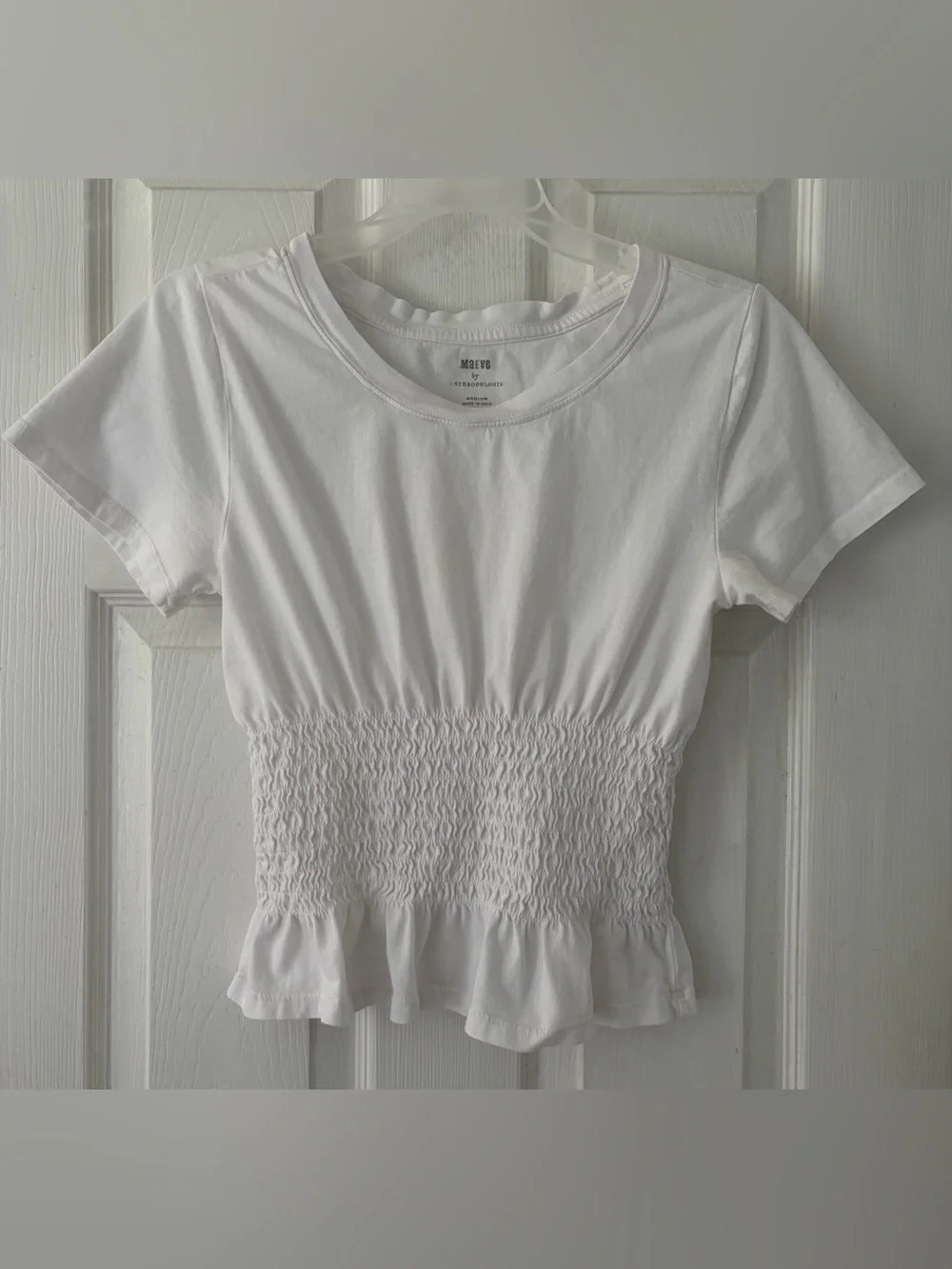 Anthropologie White Smocked Peplum Top